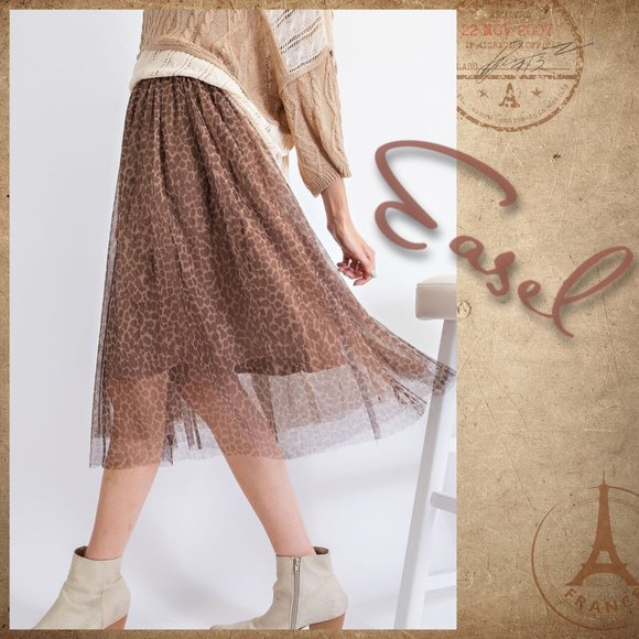 EASEL Leopard Print Pleated Mesh Overlay Ballerina Balletcore Midi Skirt Lined